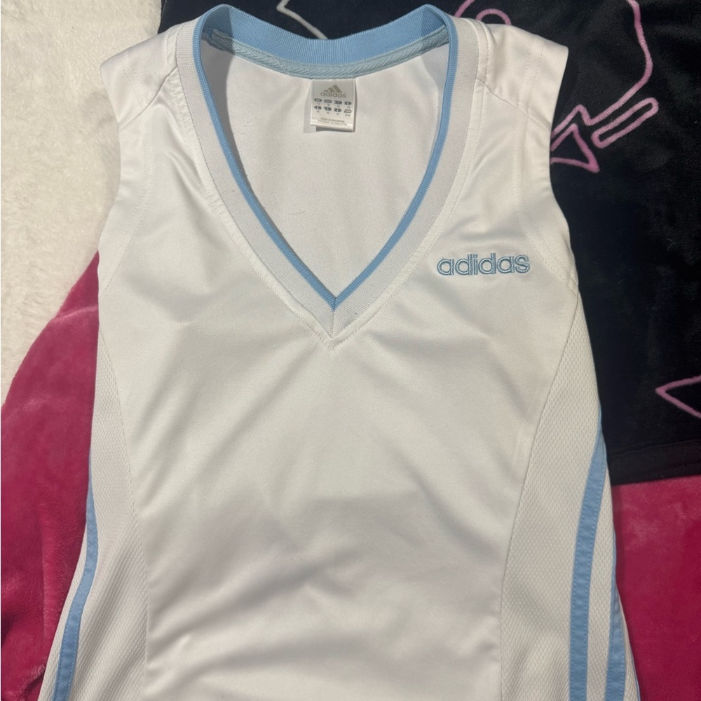 Adidas White and Light Blue Crew Neck Top